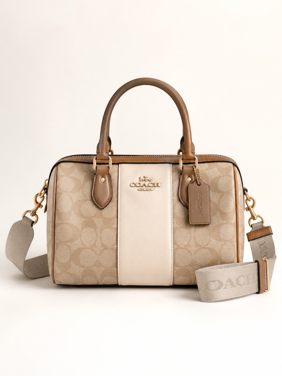 Coach Handbags - Coach Beige and Ivory Signature Barrel Satchel with Detachable Strap